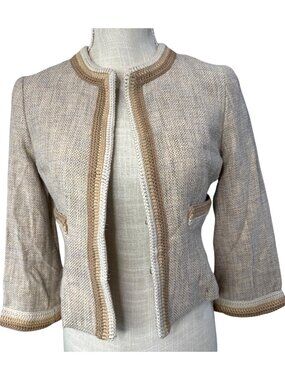 BCBGMAXAZRIA Silk Cropped Blazer W/Crochet Trim In Neutral Straw Tones XS